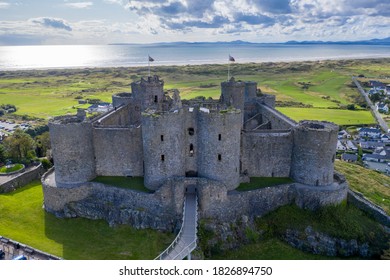 Aerial view of Harlech Castle in Gwynedd, Wales on a summers day.