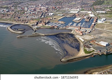 aerial view of Hartlepool seafront and harbour area, County Durham, UK
