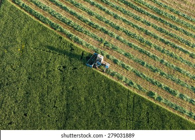 aerial view of harvest fields with combine in Poland