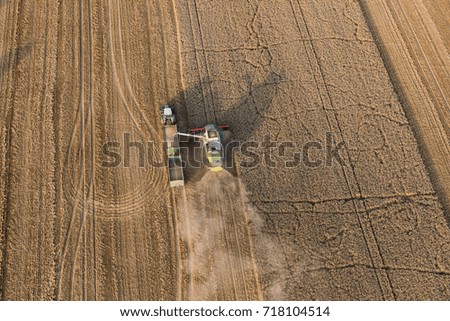 Similar – A combine harvester is harvesting grain crops on a cornfield in the evening sun seen from above