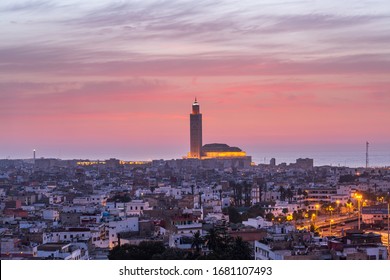aerial view of Hassan II Mosque at sunset