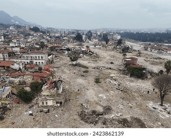 Aerial view of Hatay in February 2024, 1 year after the earthquake. Hatay aerial view after the earthquake. Image of destroyed buildings. image of scrap cars