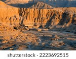 Aerial view of Hatshepsut Temple at sunrise in Valley of the Kings and red cliffs western bank of Nile river- Luxor- Egypt
