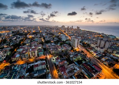 Aerial View Of Havana (Habana) With A Coast Ocean In The Evening Time