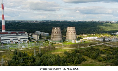 Aerial View Of Heating Plant And Thermal Power Station. Combined Modern Power Station For City District Heating. Industrial Zone From Above, Vilnius, Lithuania.