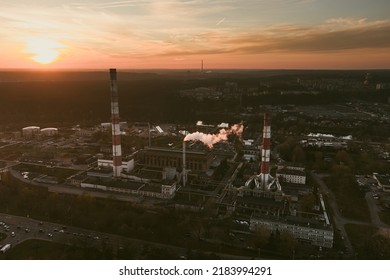 Aerial View Of Heating Plant And Thermal Power Station. Combined Modern Power Station For City District Heating And Generating Electrical Power. Industrial Zone From Above, Vilnius, Lithuania.