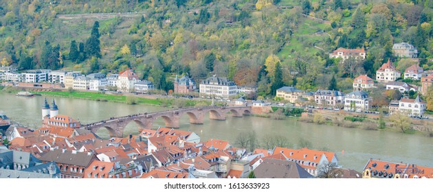 Aerial View Of Heidelberg(Germany)  And Neckar River, Seen From The Medieval Castle Which Stays In The Königstuhl Hill