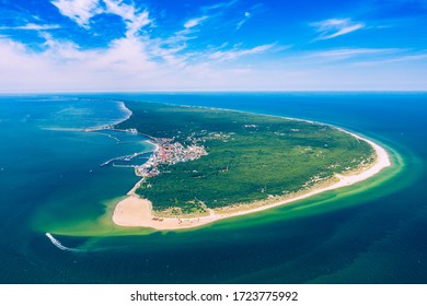 Aerial view of Hel Peninsula in Poland, Baltic Sea and Puck Bay (Zatoka Pucka) Photo made by drone from above. - Shutterstock ID 1723775992
