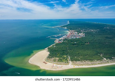 Aerial view of Hel Peninsula in Poland, Baltic Sea and Puck Bay (Zatoka Pucka) Photo made by drone from above. - Shutterstock ID 1723951486