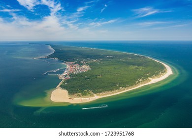 Aerial view of Hel Peninsula in Poland, Baltic Sea and Puck Bay (Zatoka Pucka) Photo made by drone from above. - Shutterstock ID 1723951768
