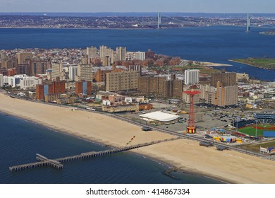 Aerial view from helicopter on Brighton Beach in New York City, USA. It is a neighborhood of the New York City borough of Brooklyn