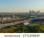 Aerial view of Hell Gate Bridge approaches over Randall