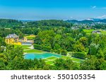 Aerial view of the Hellbrunn palace and surrounding park near Salzburg, Austria.