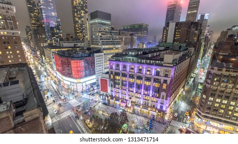 Aerial view of Herald Square at night, New York.
