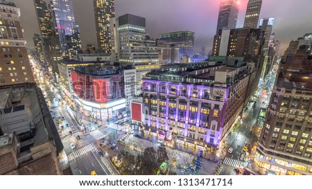 Aerial view of Herald Square at night, New York.