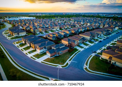 Aerial View High Above Suburbs Austin Homes On The Market Buy And Sell And The Real Estate Industry Is Booming In The Central Texas Capital City Suburbia Sunset 