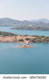 Aerial View Of High Island Reservoir, Pavilion In The Middle Of Water, National Geo Park In Hong Kong, Outdoor