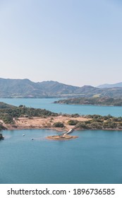 Aerial View Of High Island Reservoir, Pavilion In The Middle Of Water, National Geo Park In Hong Kong, Outdoor