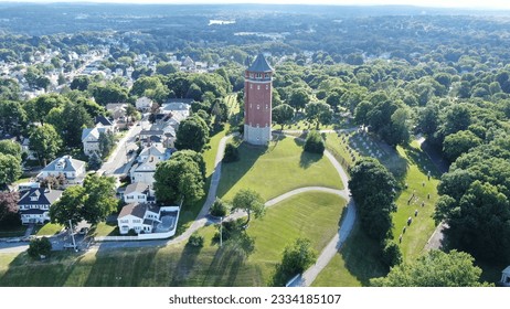 Aerial view of High Service Water Tower and Reservoir in city of Lawrence, Massachusetts, USA. Now is National Historic Place.