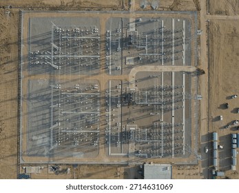 Aerial view of high voltage electrical substation switchyard for power transmission