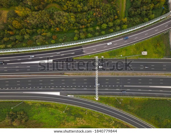 Aerial view of\
high way intersection\
crossing