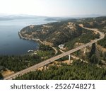 Aerial view of Highway 90 over Lake Coeur Dalene in Northern Idaho in summer