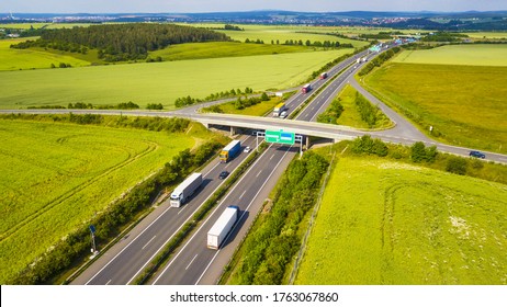 Aerial view of a highway with bridge. Transportation on D5 highway, which leads from Prague to Bavaria. Czech republic, European union.