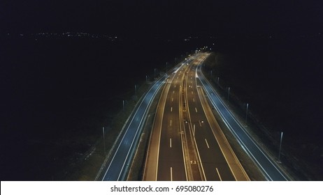 Aerial View Of Highway Empty Road City  Street In Night 