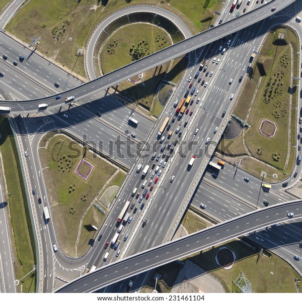 Aerial view of\
highway interchange of a\
city