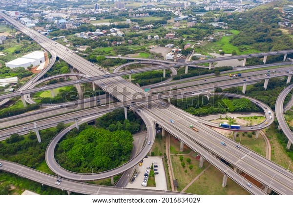 Aerial\
View of Highway Interchange - Transport concept image, aerial view\
in Pingzhen Interchange System, Taoyuan,\
Taiwan.
