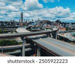 Aerial view of highway into downtown Albany New York Skyline