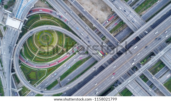 Aerial view highway\
road network connection or intersection for import export or\
transportation concept.