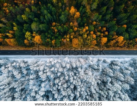 Aerial view of a highway road through the forest in fall or autumn and winter