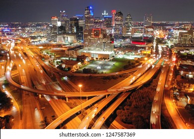 Aerial View Of Highways In Dallas Texas At Night