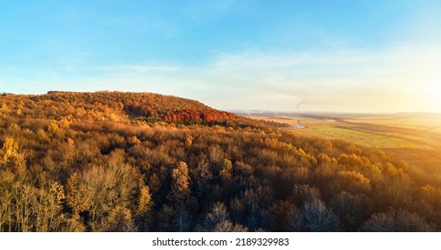 Aerial view of hills covered with dark mixed pine and lush forest with green and yellow trees canopies in autumn mountain woods at sunset. Beautiful autumnal evening landscape - Shutterstock ID 2189329983