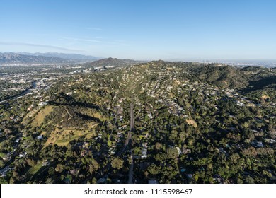 Aerial View Of Hillside Homes Along Laurel Canyon Blvd In The Studio City And Hollywood Hills Area Of The San Fernando Valley In Los Angeles California.  