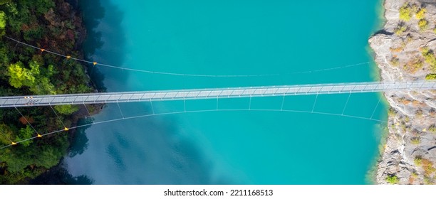 Aerial View Of Himalayan Footbridge Crossing The Drac Near Lake Monteynard; France.