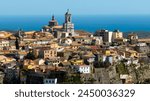 Aerial view of the historic center of Catanzaro. It is a city and capital of Calabria, southern Italy. In the background is the Ionian Sea.