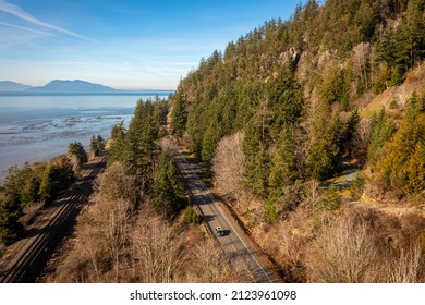 Aerial View of the Historic Chuckanut Drive and is Washington State's Original Scenic Byway. Chuckanut Drive was the first land access to the Bellingham Bay community of Fairhaven.