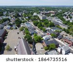 Aerial view of historic commercial buildings on Main Street in downtown Peabody, Massachusetts MA, USA. 