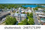 Aerial View of Historic Courthouse and Town by Lake, Warsaw Indiana