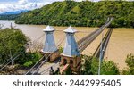 Aerial view of the historic Puente de Occidente in Santa Fe de Antioquia, Colombia