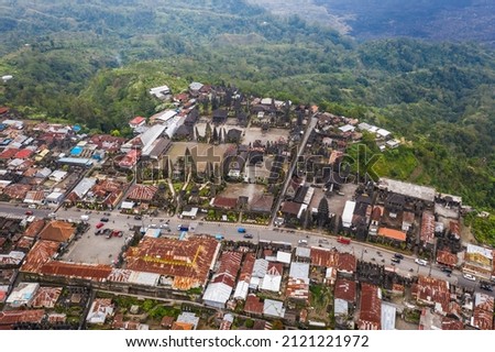 Aerial view of the historic Pura Ulun Danu Batur temple in Kintamani in Bali, Indonesia. This is the second largest Balinese Hindu temple in the island