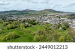 Aerial view of the historic town of Abergavenny and the landmark known as Sugar Loaf Mountain in Monmouth,shire, South Wales, UK