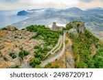 Aerial view of historic town of Erice near Trapani. Castello di Venere, Sicily, Italy
