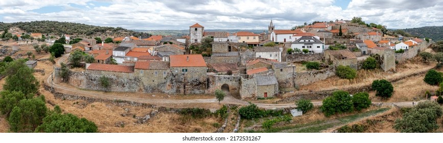 Aerial view of the historic village of Castelo Mendo in Portugal. Low Front Aerial View