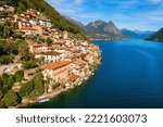 Aerial view of historical Gandria village on Lake Lugano in swiss Alps mountains, canton Ticino, Switzerland