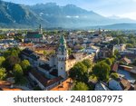 An aerial view of the historical Hall in Tirol Old town, Alps mountains, Austria