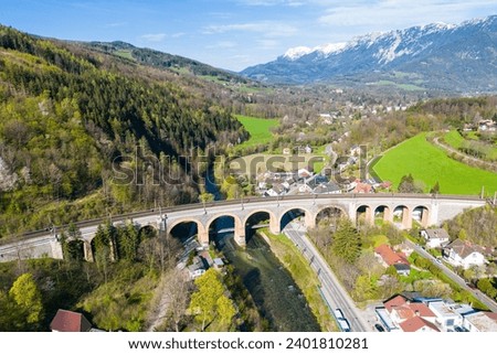 Aerial view of historical Semmering railway bridge in Austria