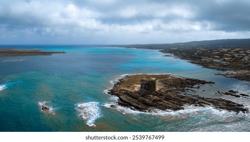 An aerial view of a historical tower on a rocky promontory in Sardinia. The turquoise sea contrasts with the overcast sky, and a town is visible nearby. - Powered by Shutterstock